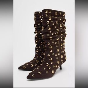 Zara Brown Natural Leather Suede Studded Women's Ankle Boots